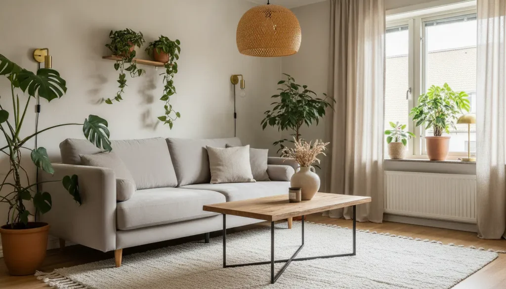 Salon cosy avec canapé en velours gris, table basse en bois naturel, suspension en rotin et éclairage indirect chaleureux
