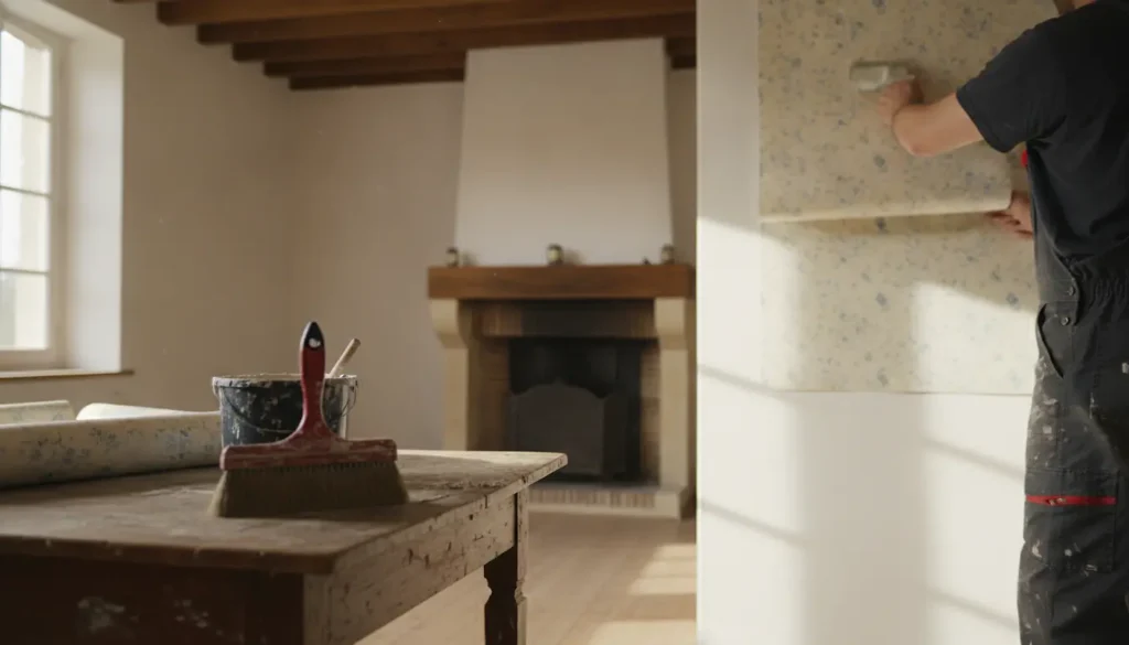 Pose de papier peint sur un mur blanc, brosse à encoller et cutter sur table à encoller, intérieur maison cosy