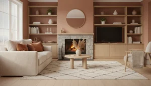 Salon cosy avec cheminée et meuble TV en tons chauds et bois clair