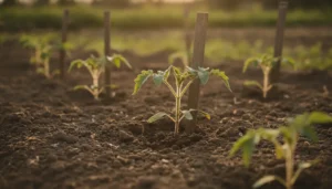 Jeunes plants de tomates repiqués dans un potager en pleine terre
