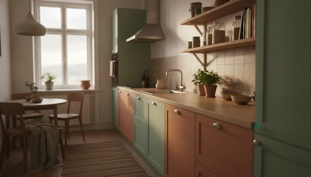 Cuisine cosy rénovée avec façades repeintes en vert sauge et terracotta, plan de travail bois clair