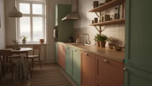 Cuisine cosy rénovée avec façades repeintes en vert sauge et terracotta, plan de travail bois clair