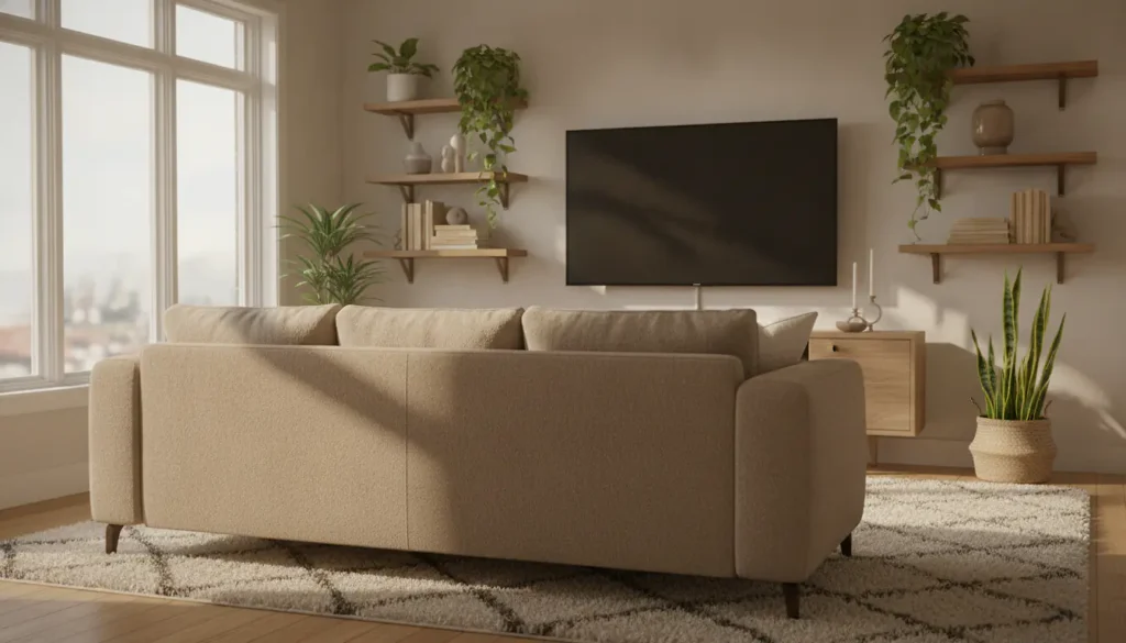 Salon cosy avec TV murale face à un canapé beige, meuble bas en bois clair et plantes vertes